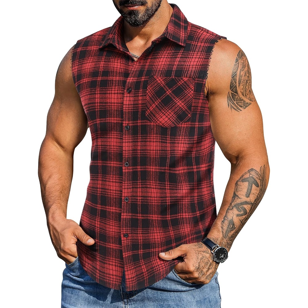 image:imageCOOFANDY Mens Lightweight Sleeveless Flannel Shirt Button Up Plaid ShirtsRed
