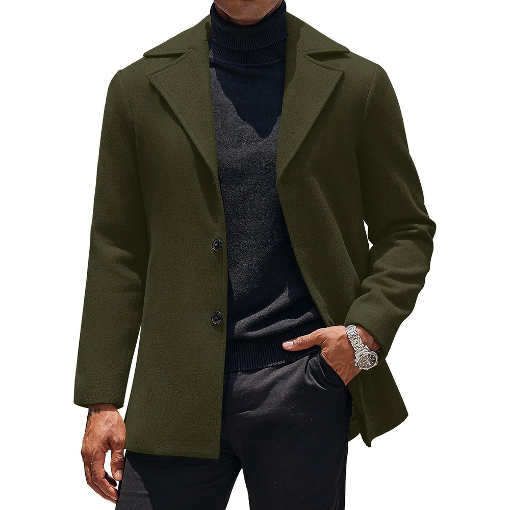 image:imageCOOFANDY Mens Pea Coat Single Breasted Peacoat Winter Short Trench CoatOlive Green