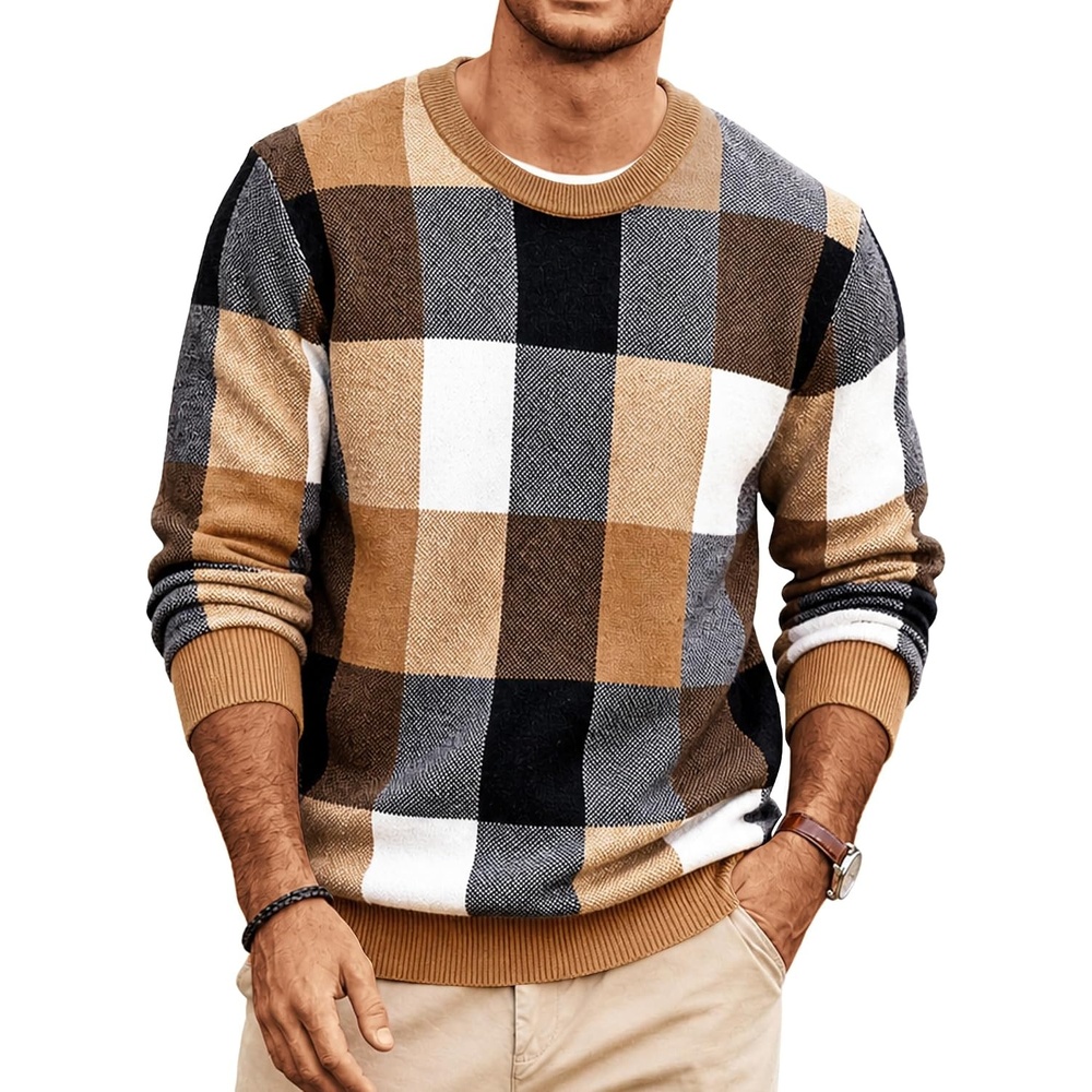 image:imageCOOFANDY Mens Plaid Crew Neck Sweater Long Sleeve Knit PulloverA01 Brown and Orange
