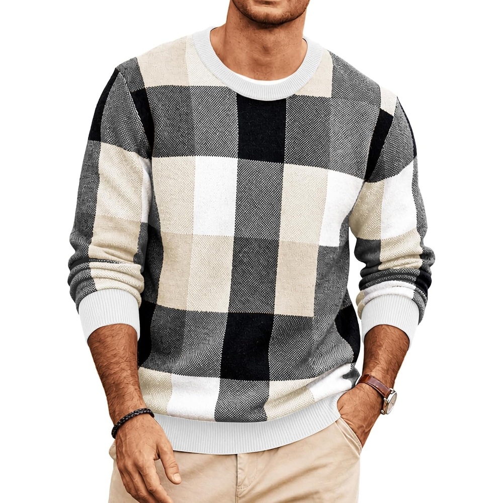 image:imageCOOFANDY Mens Plaid Crew Neck Sweater Long Sleeve Knit PulloverBeige