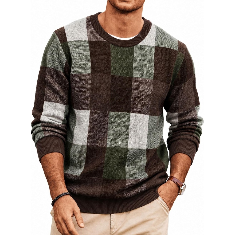image:imageCOOFANDY Mens Plaid Crew Neck Sweater Long Sleeve Knit PulloverBrown Army Green