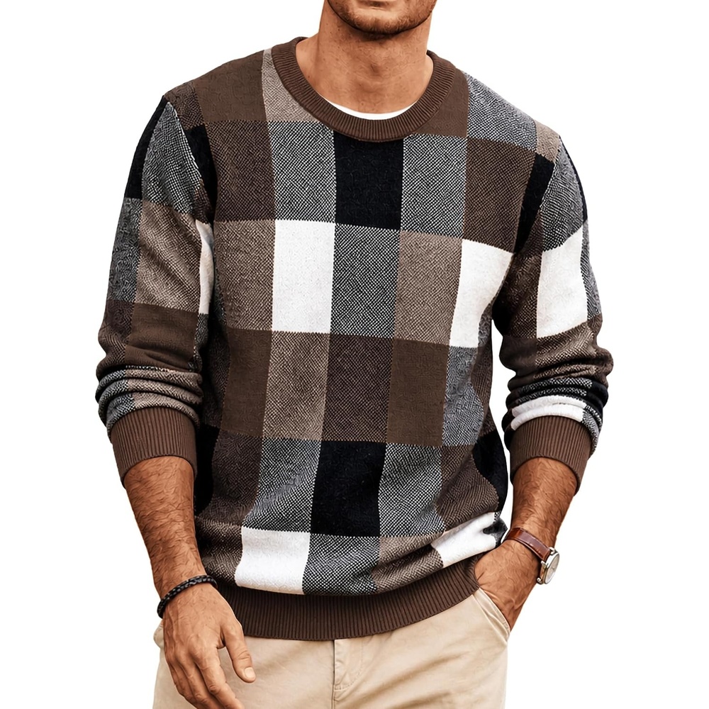 image:imageCOOFANDY Mens Plaid Crew Neck Sweater Long Sleeve Knit PulloverBrown