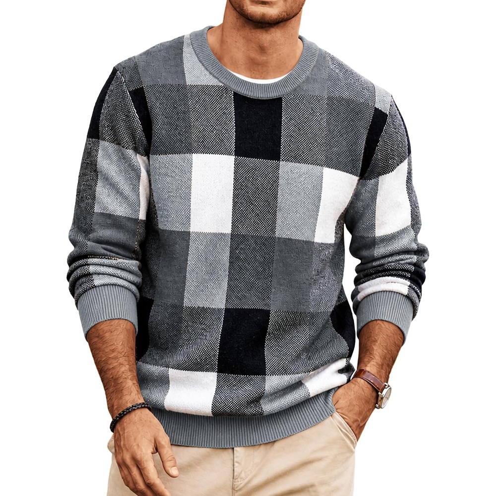image:imageCOOFANDY Mens Plaid Crew Neck Sweater Long Sleeve Knit PulloverGrey