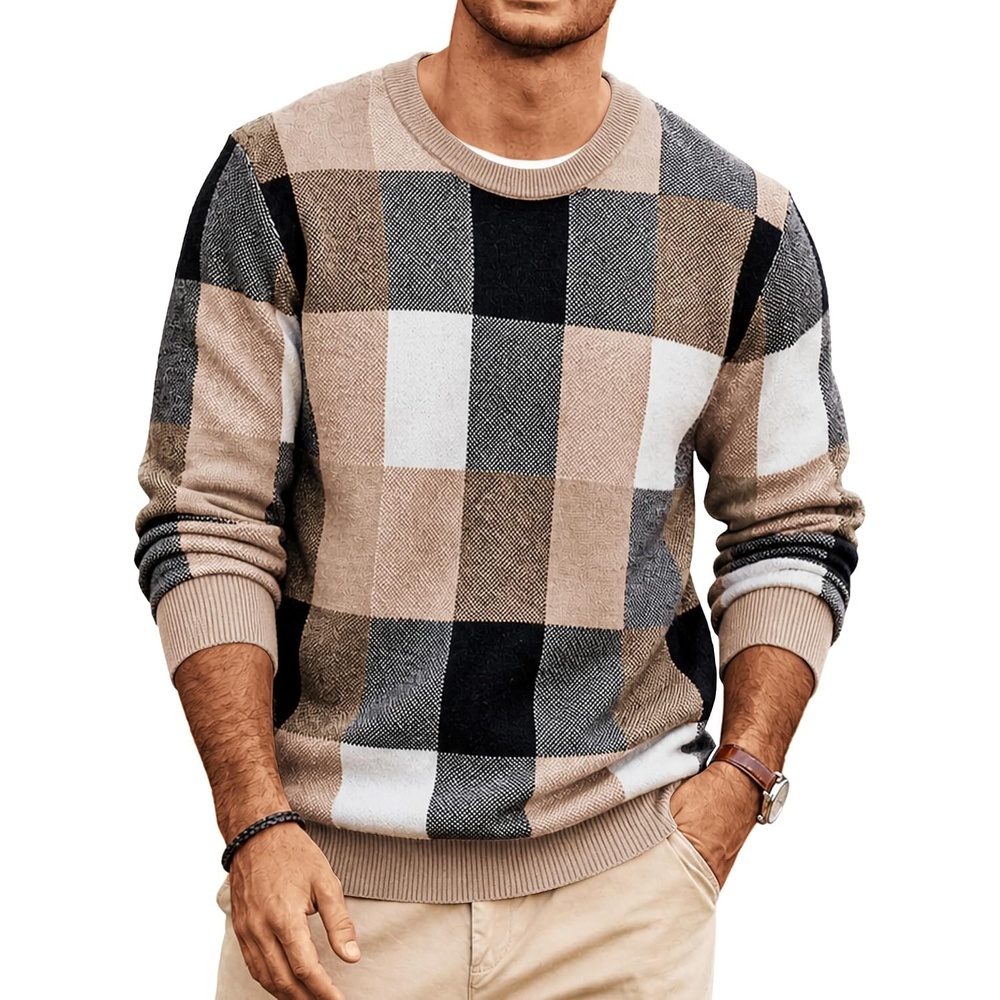image:imageCOOFANDY Mens Plaid Crew Neck Sweater Long Sleeve Knit PulloverLight Khaki