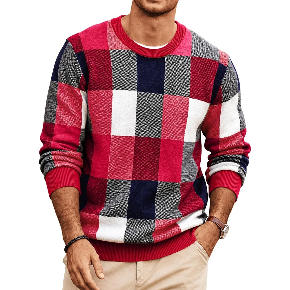 image:imageCOOFANDY Mens Plaid Crew Neck Sweater Long Sleeve Knit PulloverRed Navy