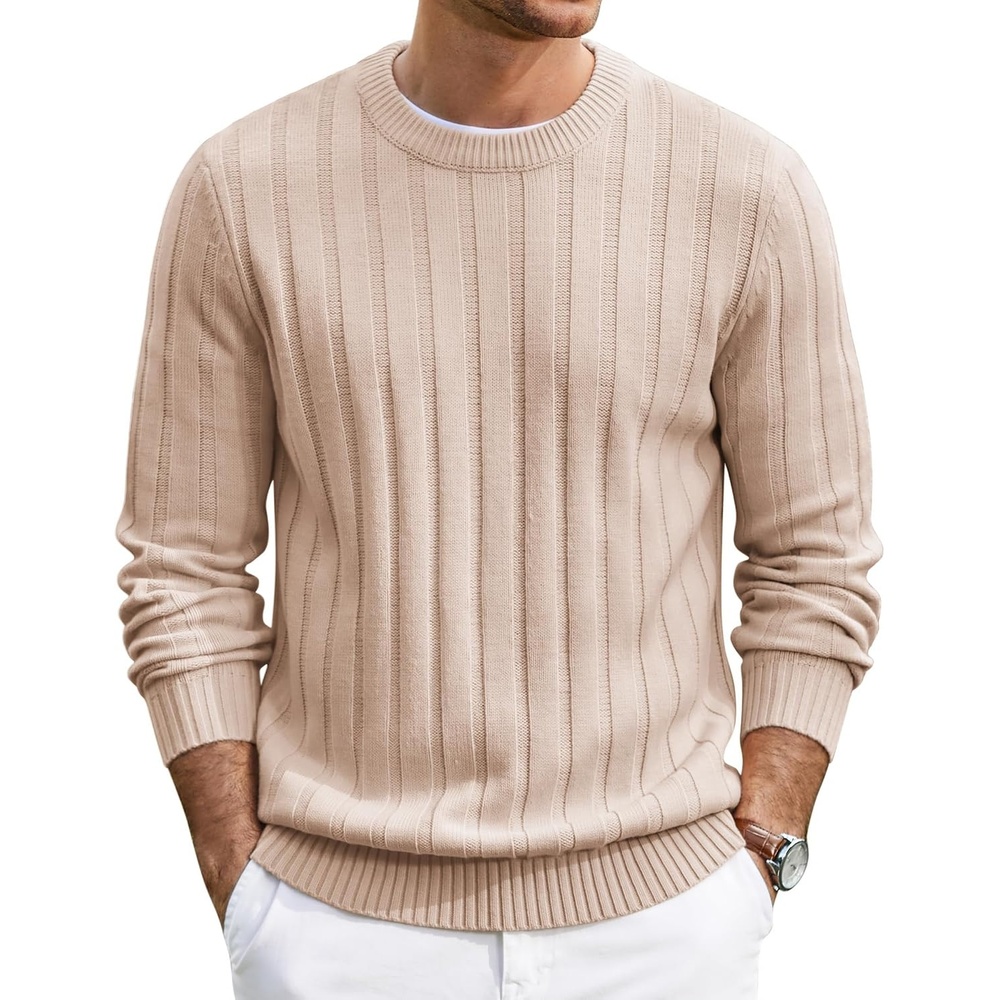 image:imageCOOFANDY Mens Sweater Crewneck Ribbed Knit Soft Warm Pullover SweaterLight Coffee