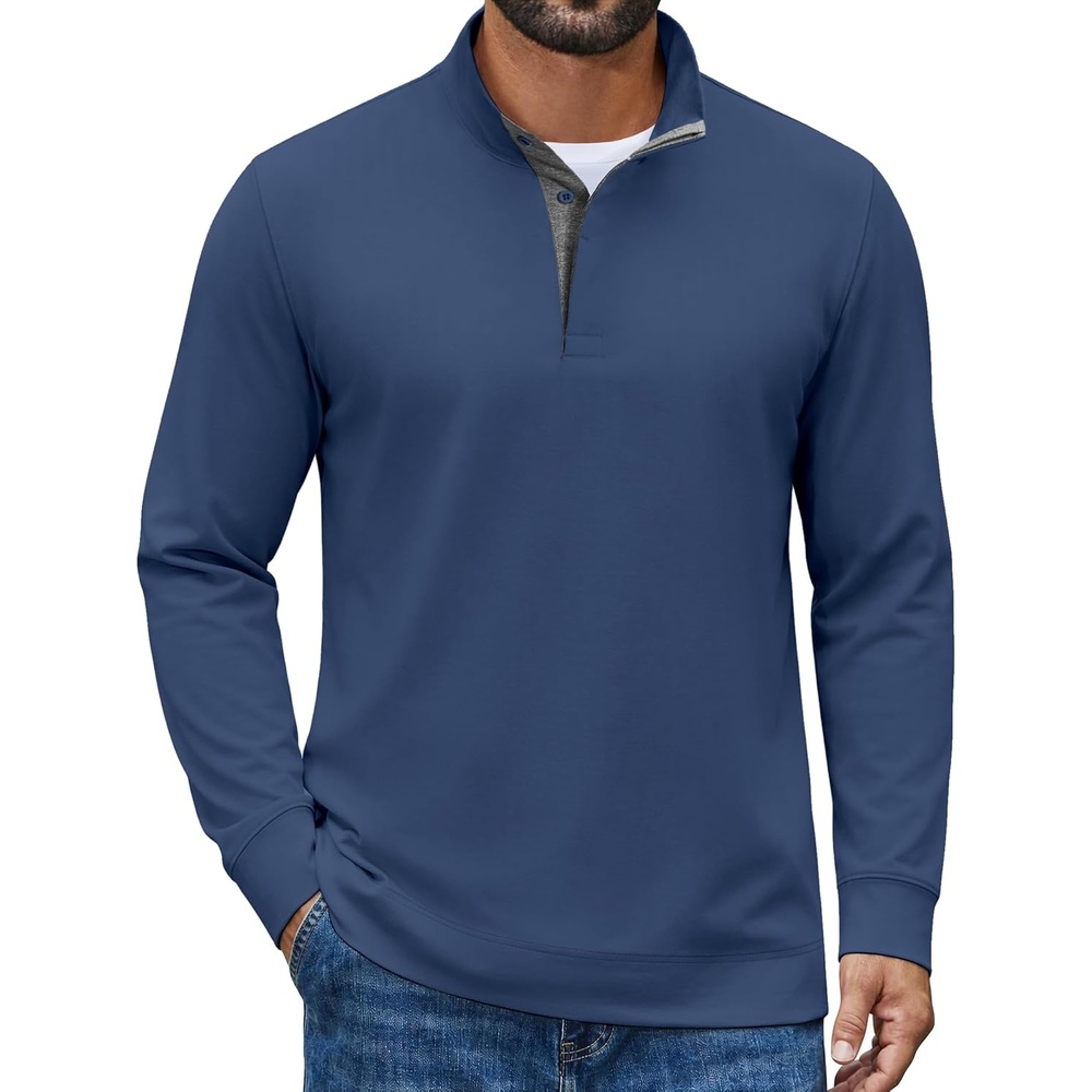 image:imageCOOFANDY Mens TShirt Quarter Button Pullover Casual Long Sleeve SweatshirtDark Blue