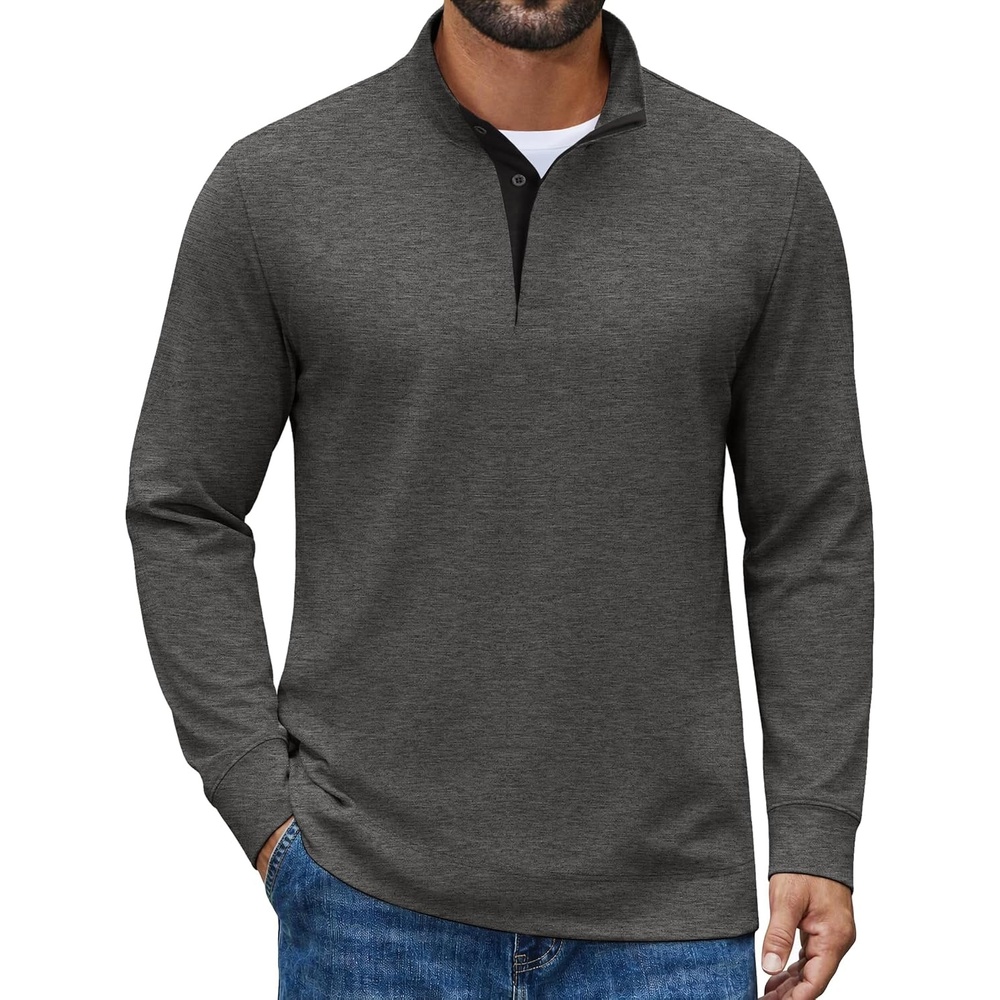 image:imageCOOFANDY Mens TShirt Quarter Button Pullover Casual Long Sleeve SweatshirtDark Grey