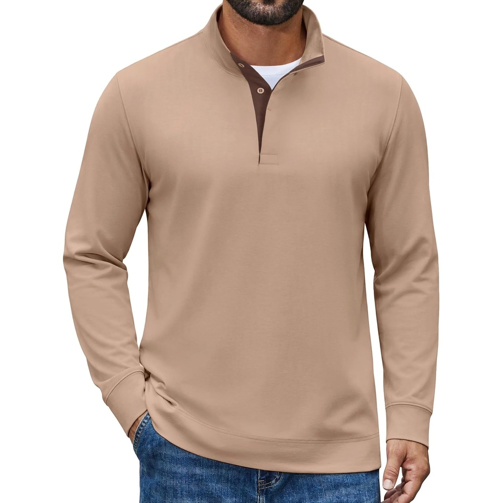 image:imageCOOFANDY Mens TShirt Quarter Button Pullover Casual Long Sleeve SweatshirtKhaki