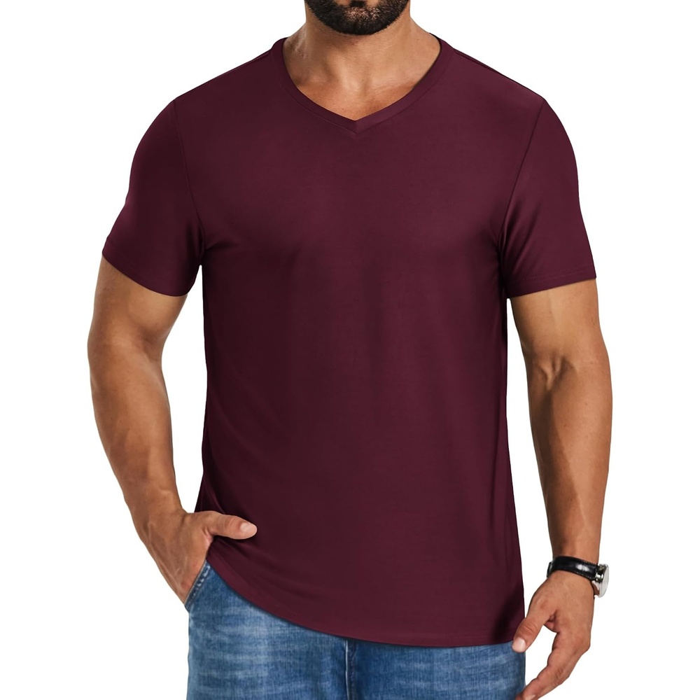image:imageCOOFANDY Mens V Neck TShirts Short Sleeve Stretch Casual Classic Basic Tee Soft UndershirtsWine Red1 Pack