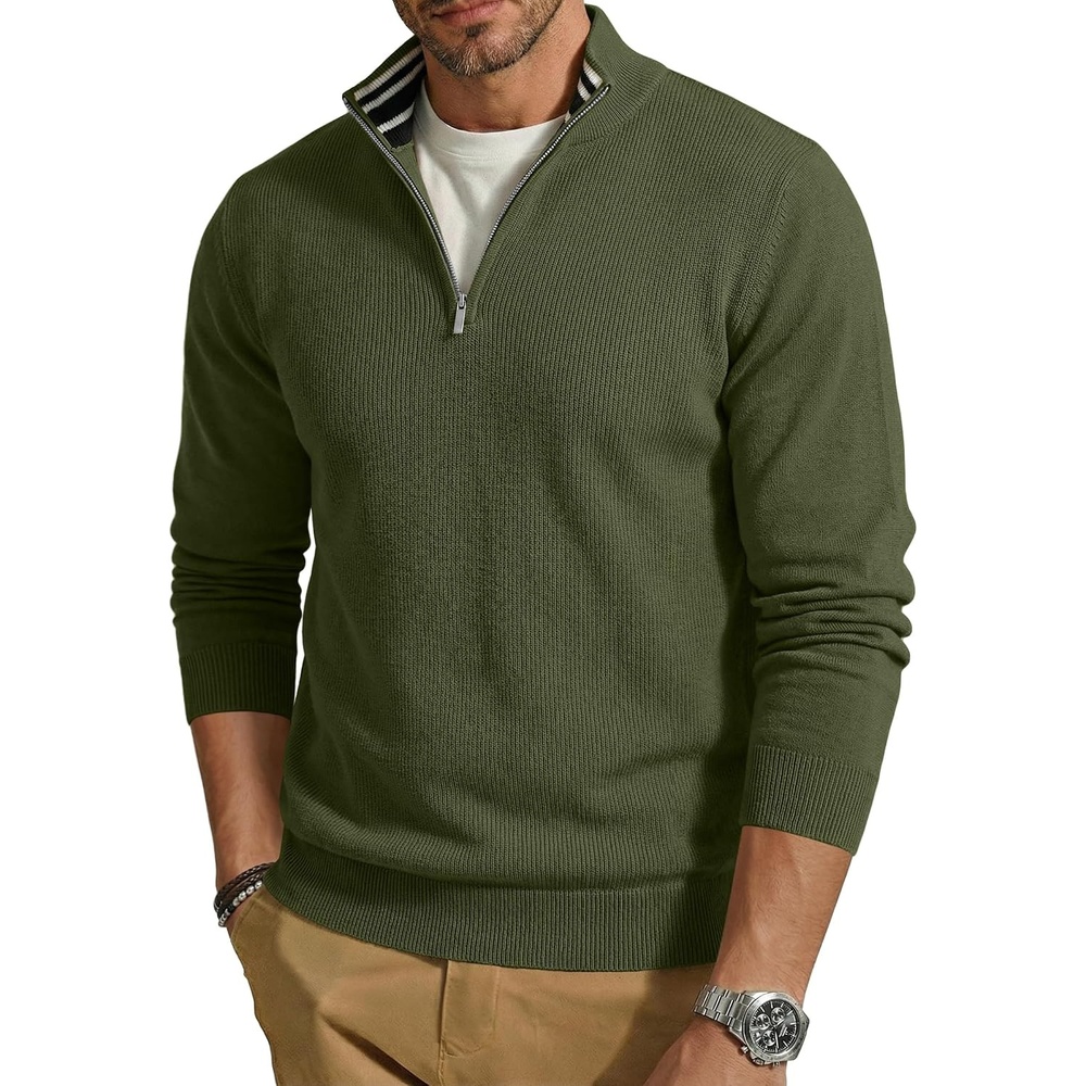 image:imageCOOFANDY Quarter Zip Pullover Men 14 Zip Sweaters Business Casual SweaterArmy Green