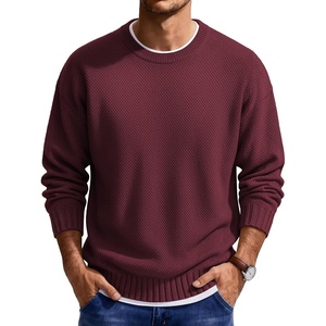 COOFANDY Mens Casual Crewneck Sweater Long Sleeve Waffle Knit Pullover(Dark Red)