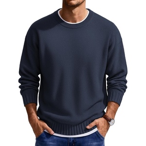 COOFANDY Mens Casual Crewneck Sweater Long Sleeve Waffle Knit Pullover(Midnight Blue)