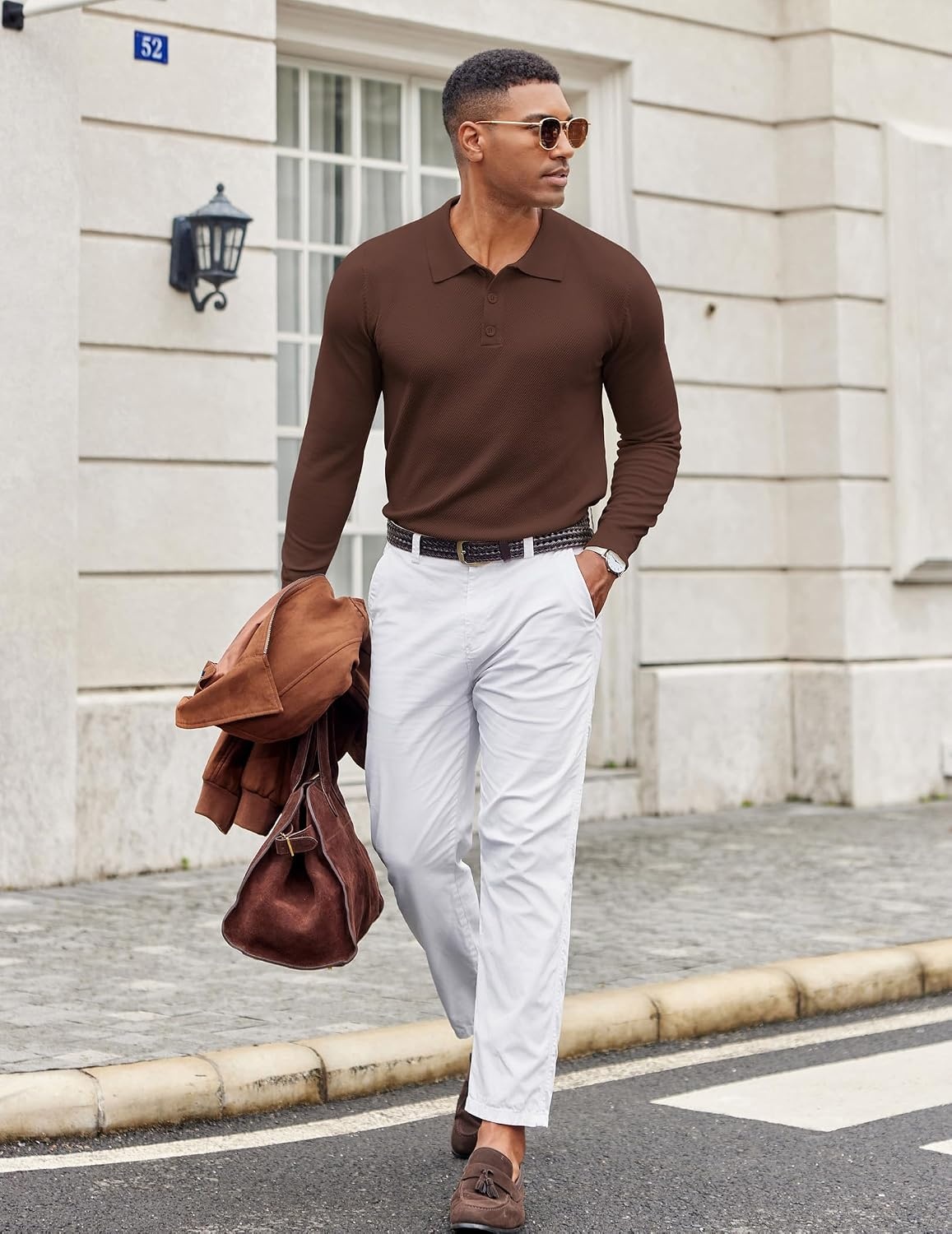 image:imageCOOFANDY Long Sleeve Polo Shirts for Men Lightweight Polo Slim Fit Waffle Collared PulloverBrown