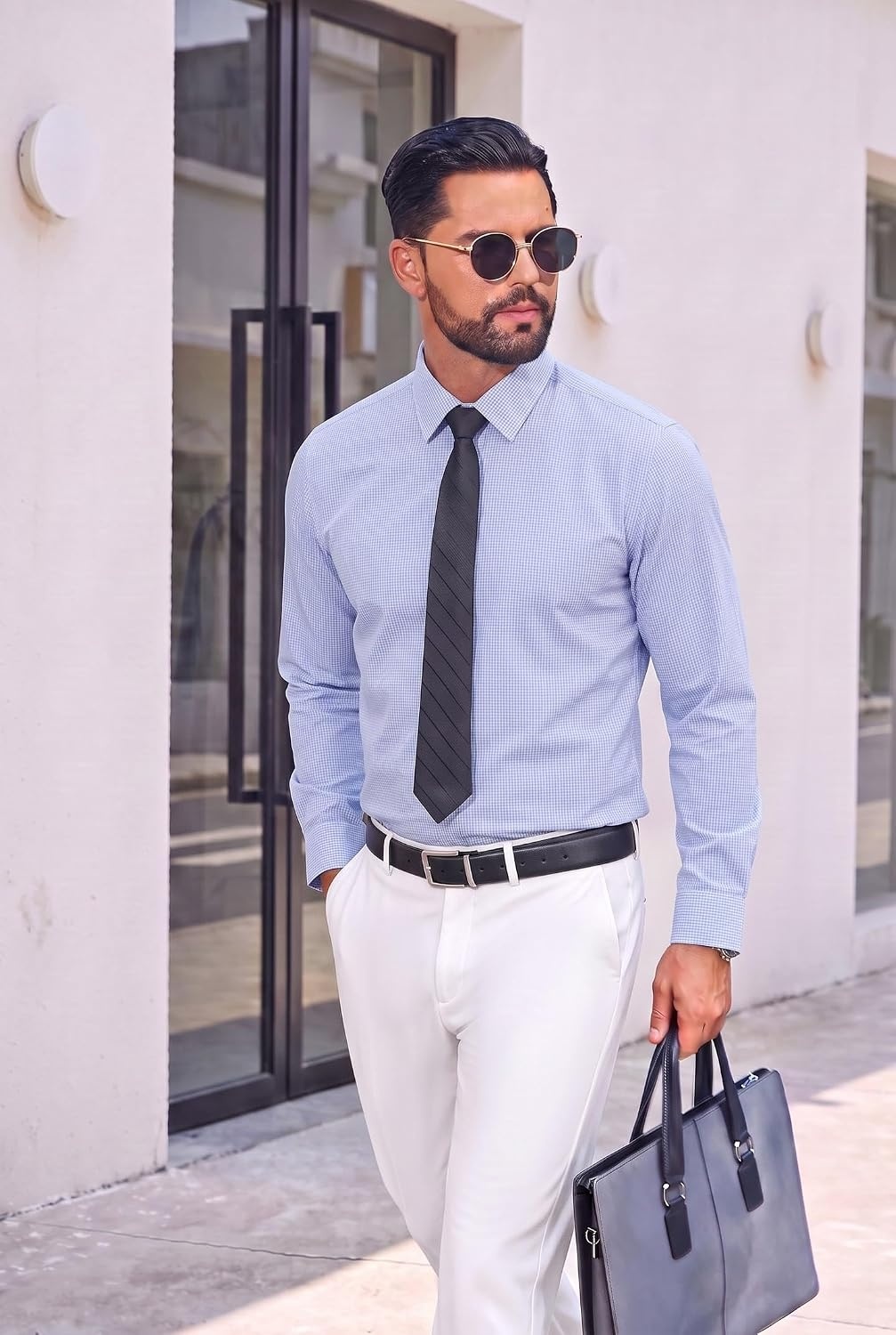 image:imageCOOFANDY Mens Button Down Long Sleeve Plaid Cotton Wrinkle Free Dress ShirtLight Blue White Plaid