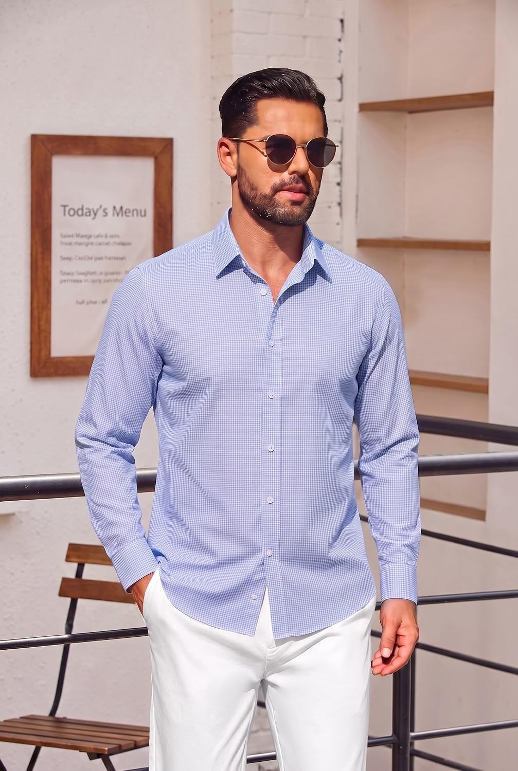 image:imageCOOFANDY Mens Button Down Long Sleeve Plaid Cotton Wrinkle Free Dress ShirtLight Blue White Plaid