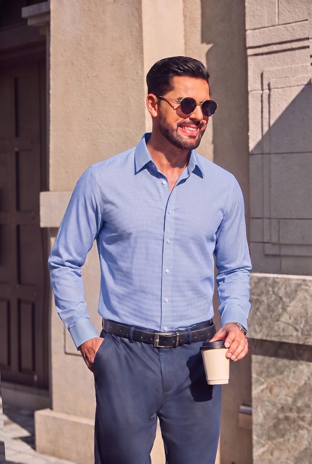 image:imageCOOFANDY Mens Button Down Long Sleeve Plaid Cotton Wrinkle Free Dress ShirtLight Blue White Plaid