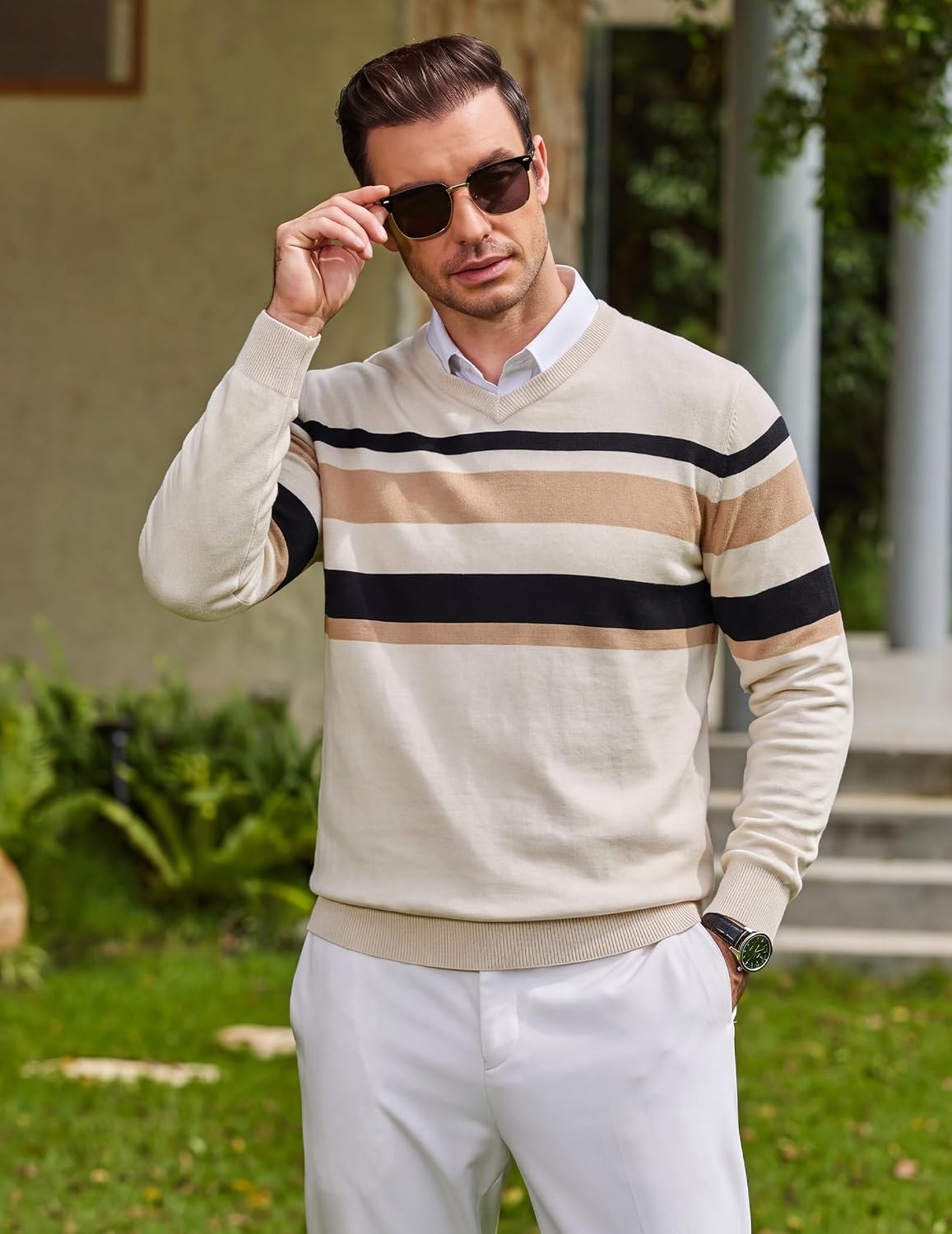 image:imageCOOFANDY Mens Casual V Neck Sweater Knit Slim Fit Long Sleeve Pullover TopApricot Striped
