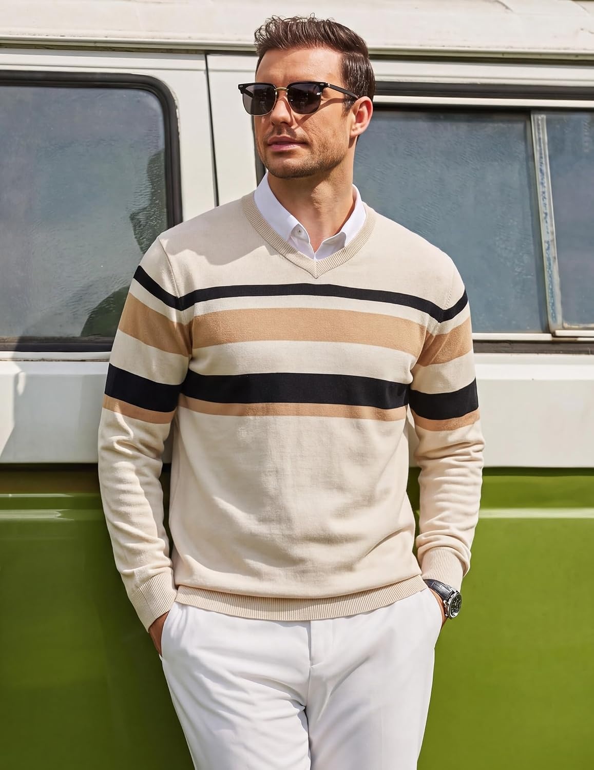 image:imageCOOFANDY Mens Casual V Neck Sweater Knit Slim Fit Long Sleeve Pullover TopApricot Striped