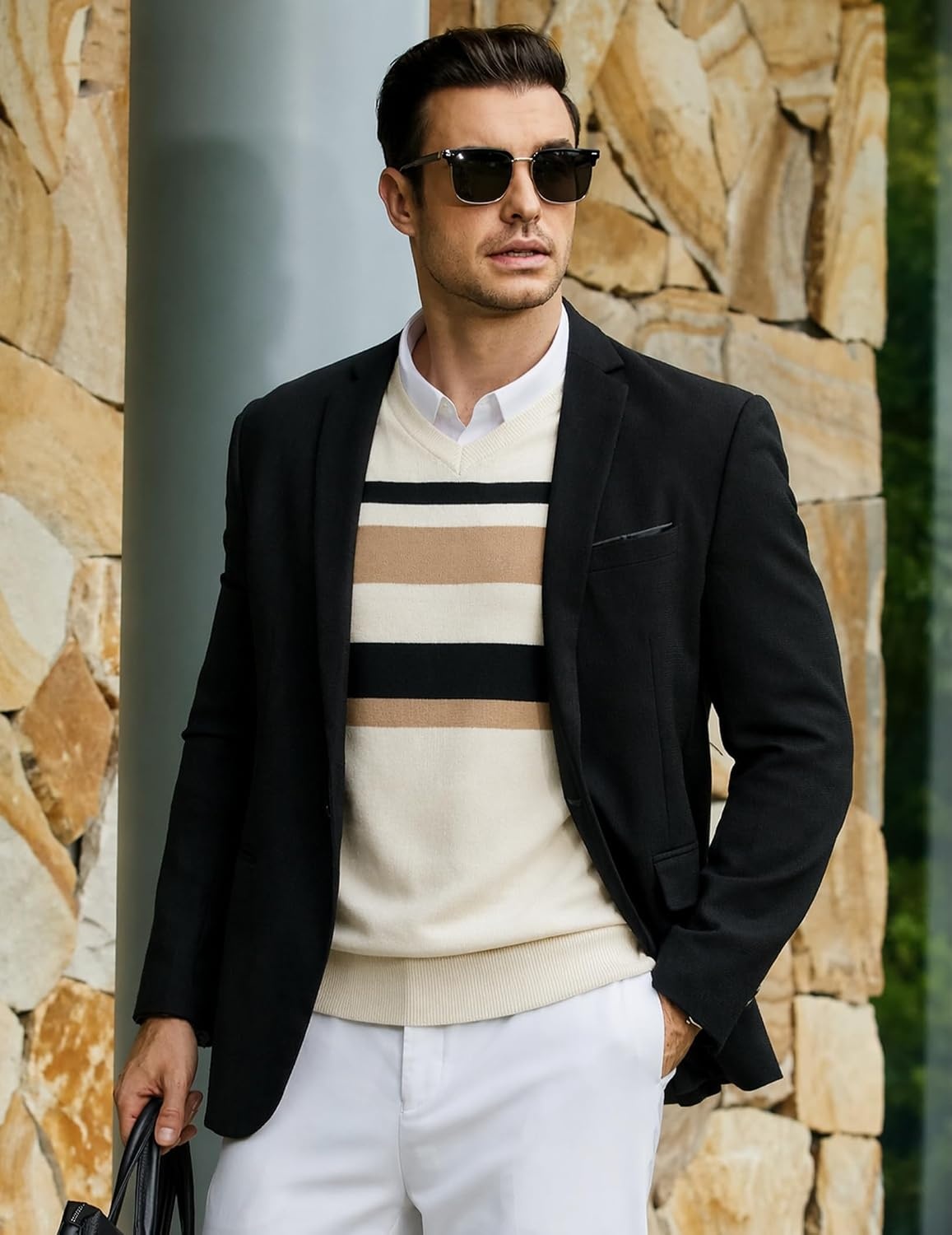 image:imageCOOFANDY Mens Casual V Neck Sweater Knit Slim Fit Long Sleeve Pullover TopApricot Striped