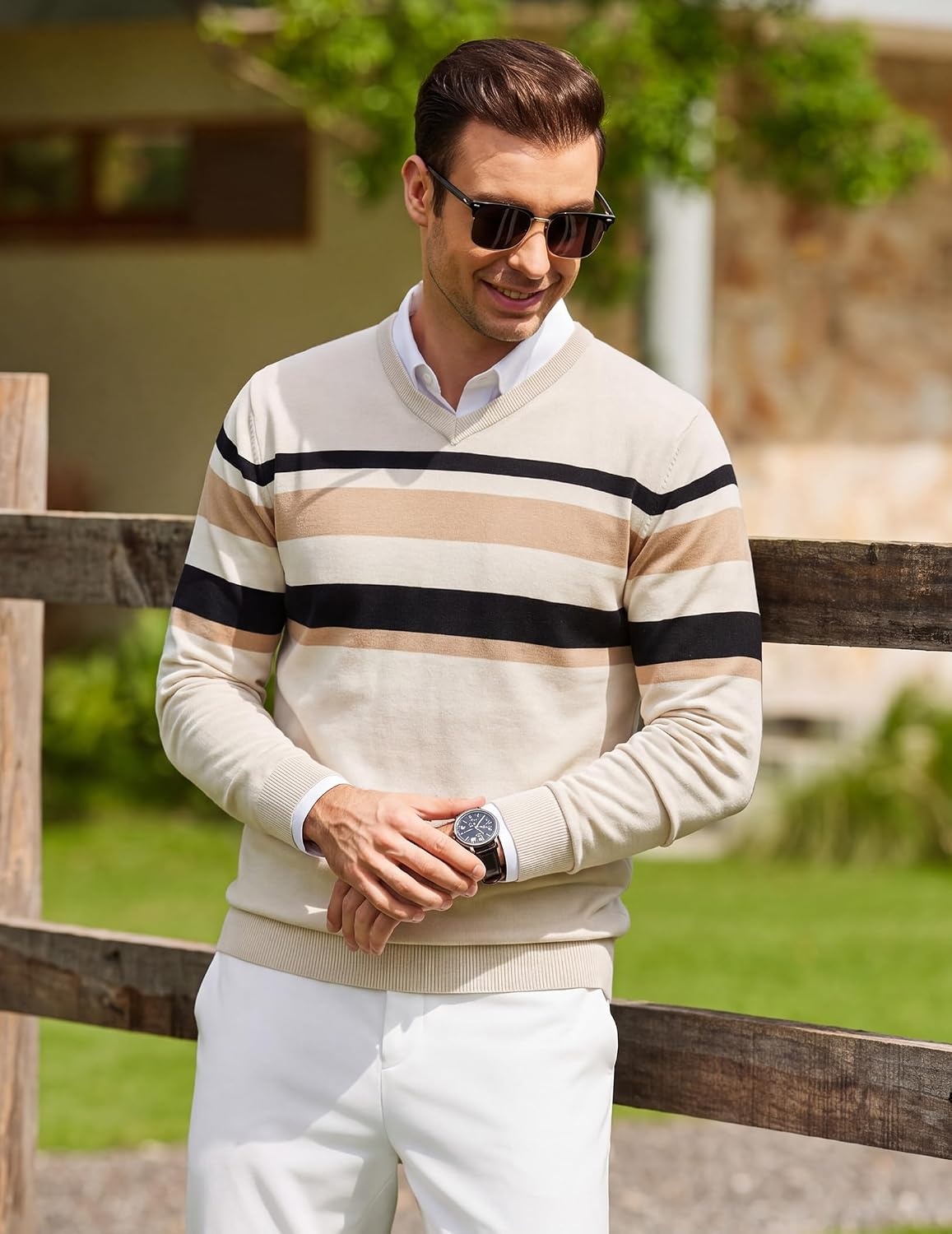 image:imageCOOFANDY Mens Casual V Neck Sweater Knit Slim Fit Long Sleeve Pullover TopApricot Striped