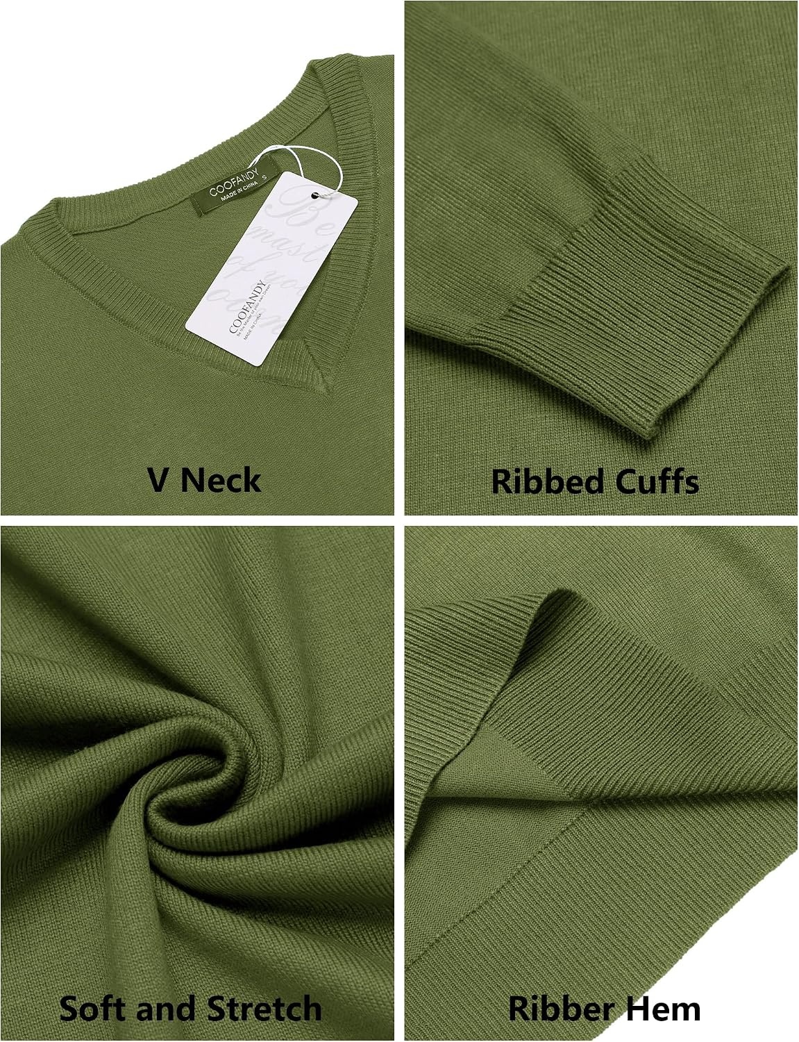 image:imageCOOFANDY Mens Casual V Neck Sweater Knit Slim Fit Long Sleeve Pullover TopArmy Green