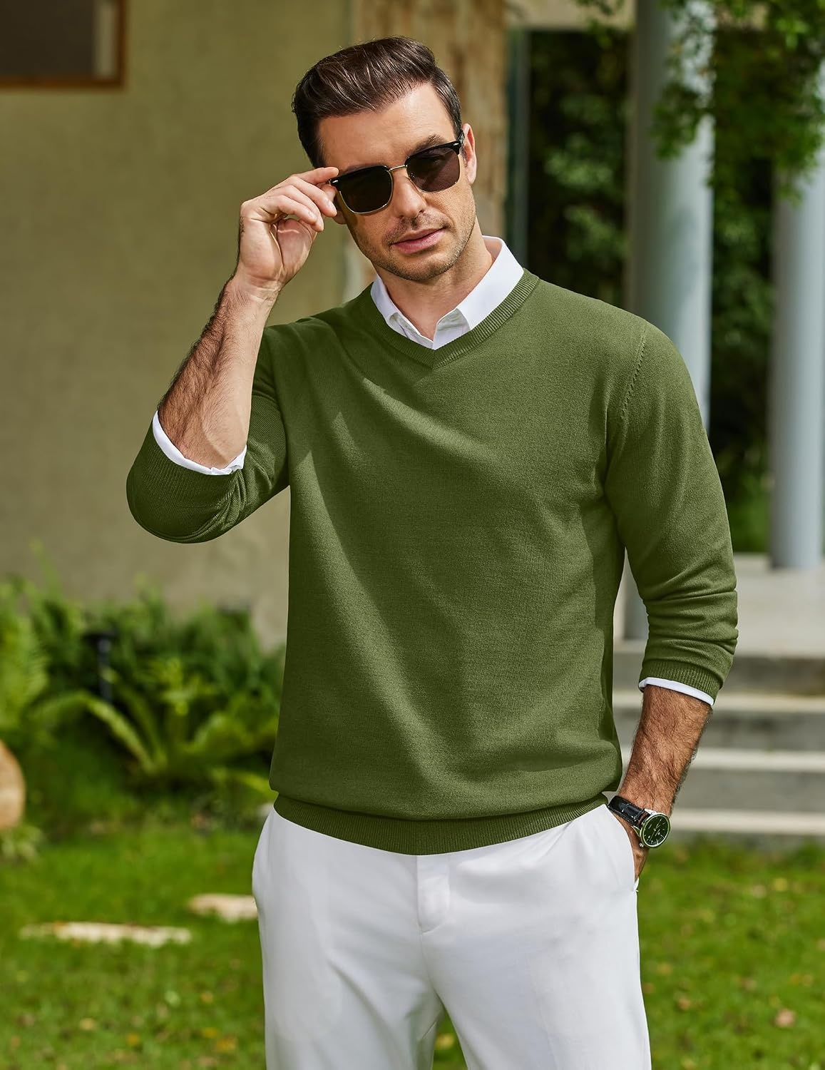 image:imageCOOFANDY Mens Casual V Neck Sweater Knit Slim Fit Long Sleeve Pullover TopArmy Green