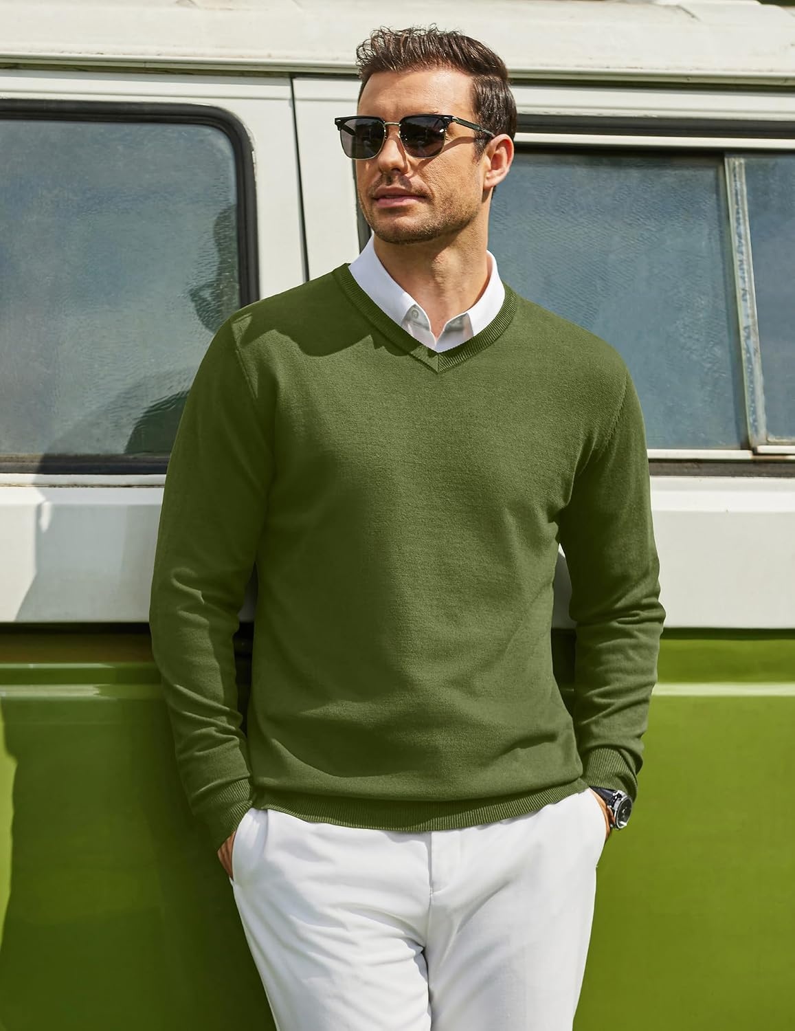 image:imageCOOFANDY Mens Casual V Neck Sweater Knit Slim Fit Long Sleeve Pullover TopArmy Green