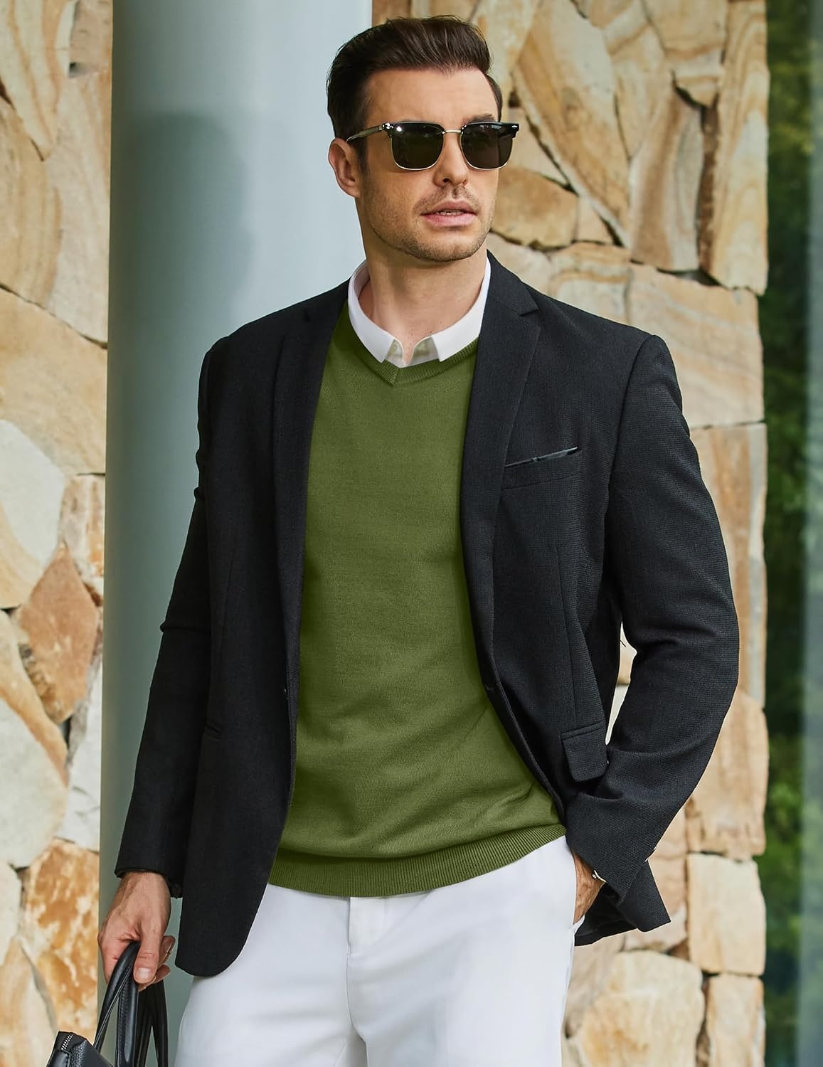 image:imageCOOFANDY Mens Casual V Neck Sweater Knit Slim Fit Long Sleeve Pullover TopArmy Green
