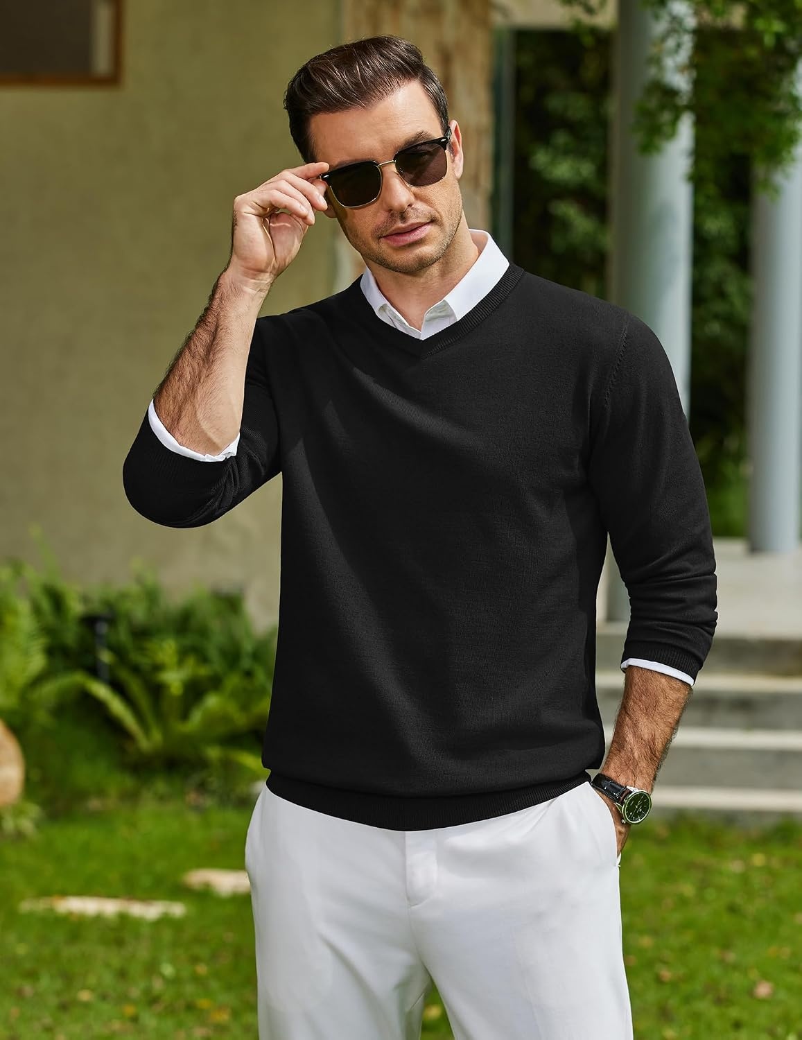 image:imageCOOFANDY Mens Casual V Neck Sweater Knit Slim Fit Long Sleeve Pullover TopBlack