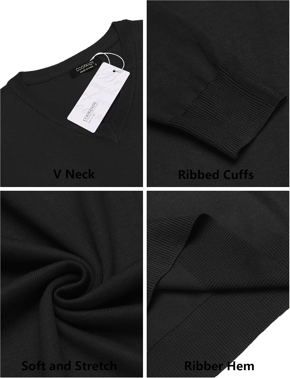 image:imageCOOFANDY Mens Casual V Neck Sweater Knit Slim Fit Long Sleeve Pullover TopBlack