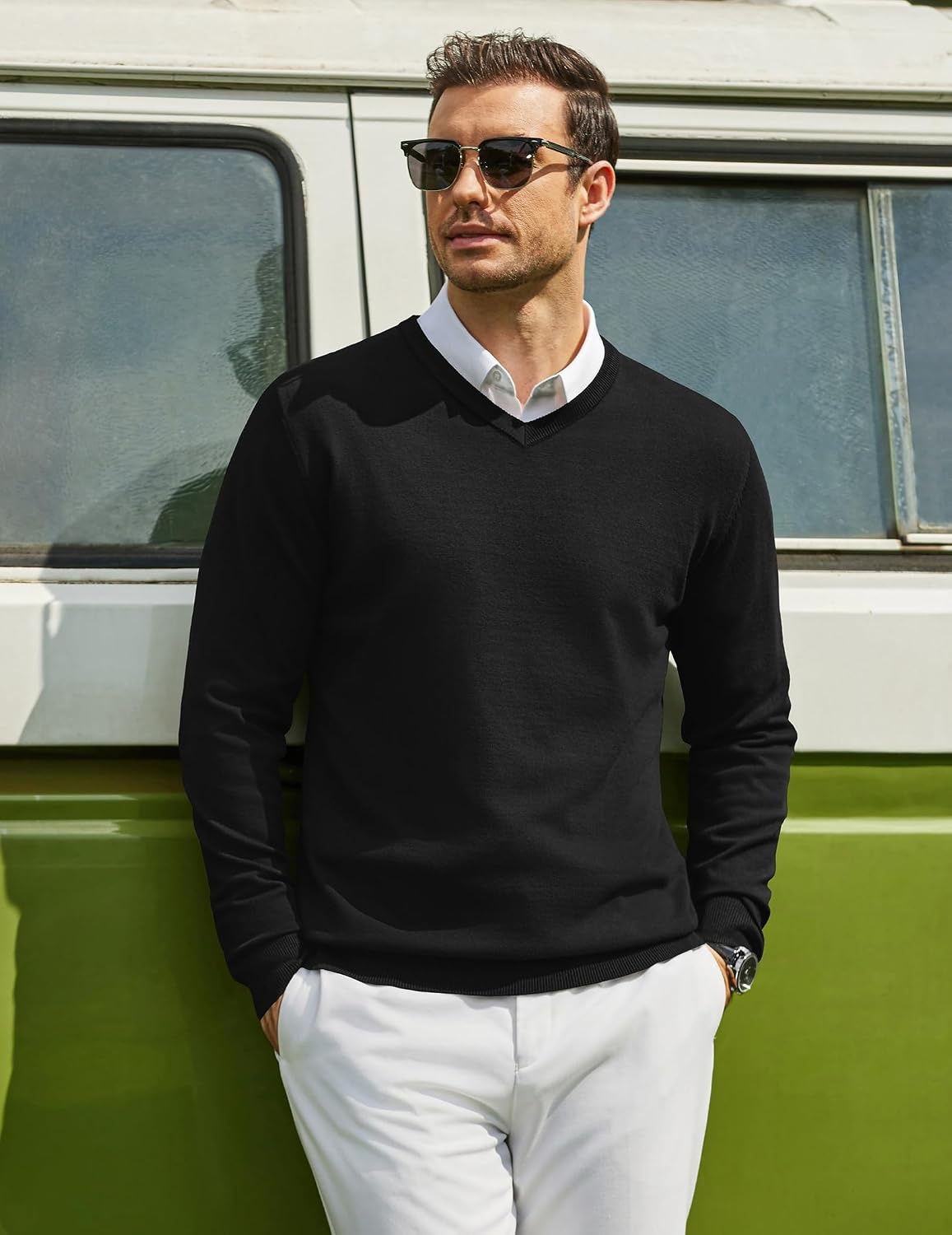 image:imageCOOFANDY Mens Casual V Neck Sweater Knit Slim Fit Long Sleeve Pullover TopBlack