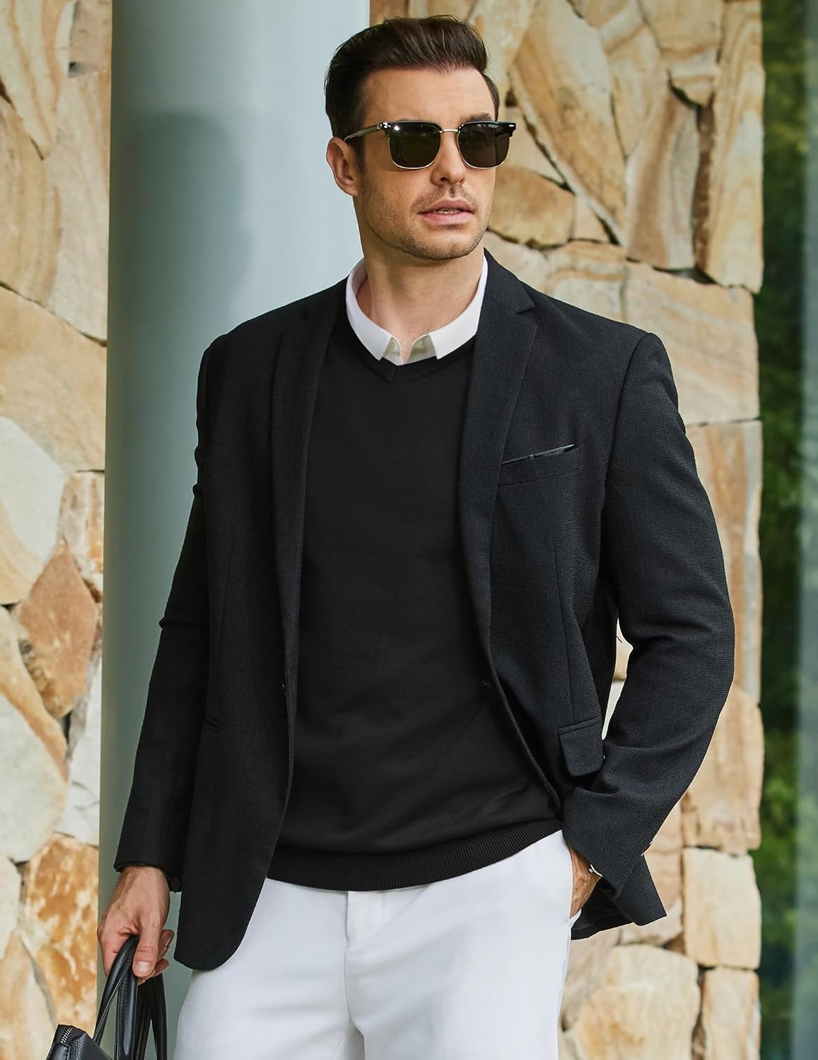 image:imageCOOFANDY Mens Casual V Neck Sweater Knit Slim Fit Long Sleeve Pullover TopBlack