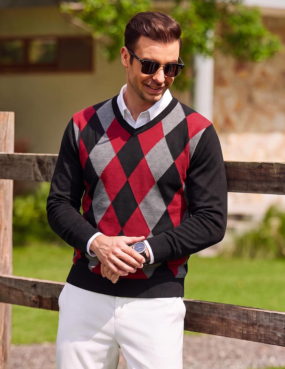 image:imageCOOFANDY Mens Casual V Neck Sweater Knit Slim Fit Long Sleeve Pullover TopBlackred