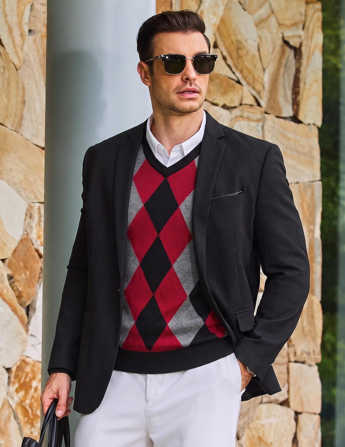 image:imageCOOFANDY Mens Casual V Neck Sweater Knit Slim Fit Long Sleeve Pullover TopBlackred