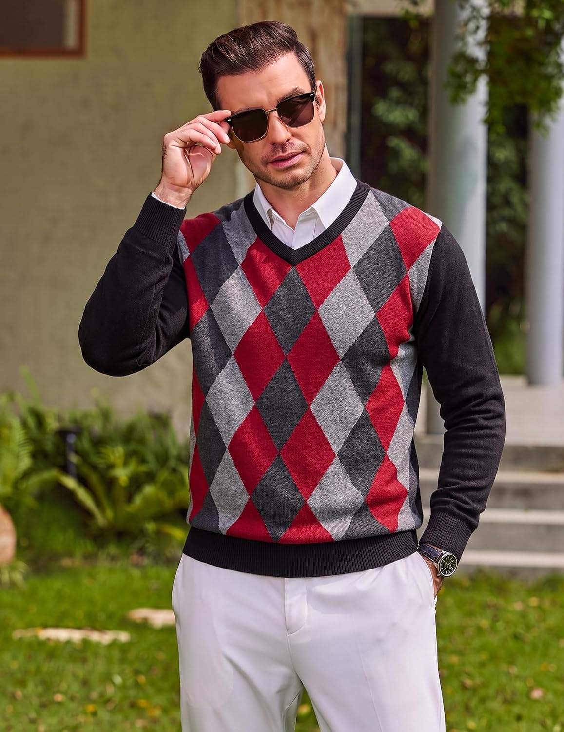image:imageCOOFANDY Mens Casual V Neck Sweater Knit Slim Fit Long Sleeve Pullover TopBlackred