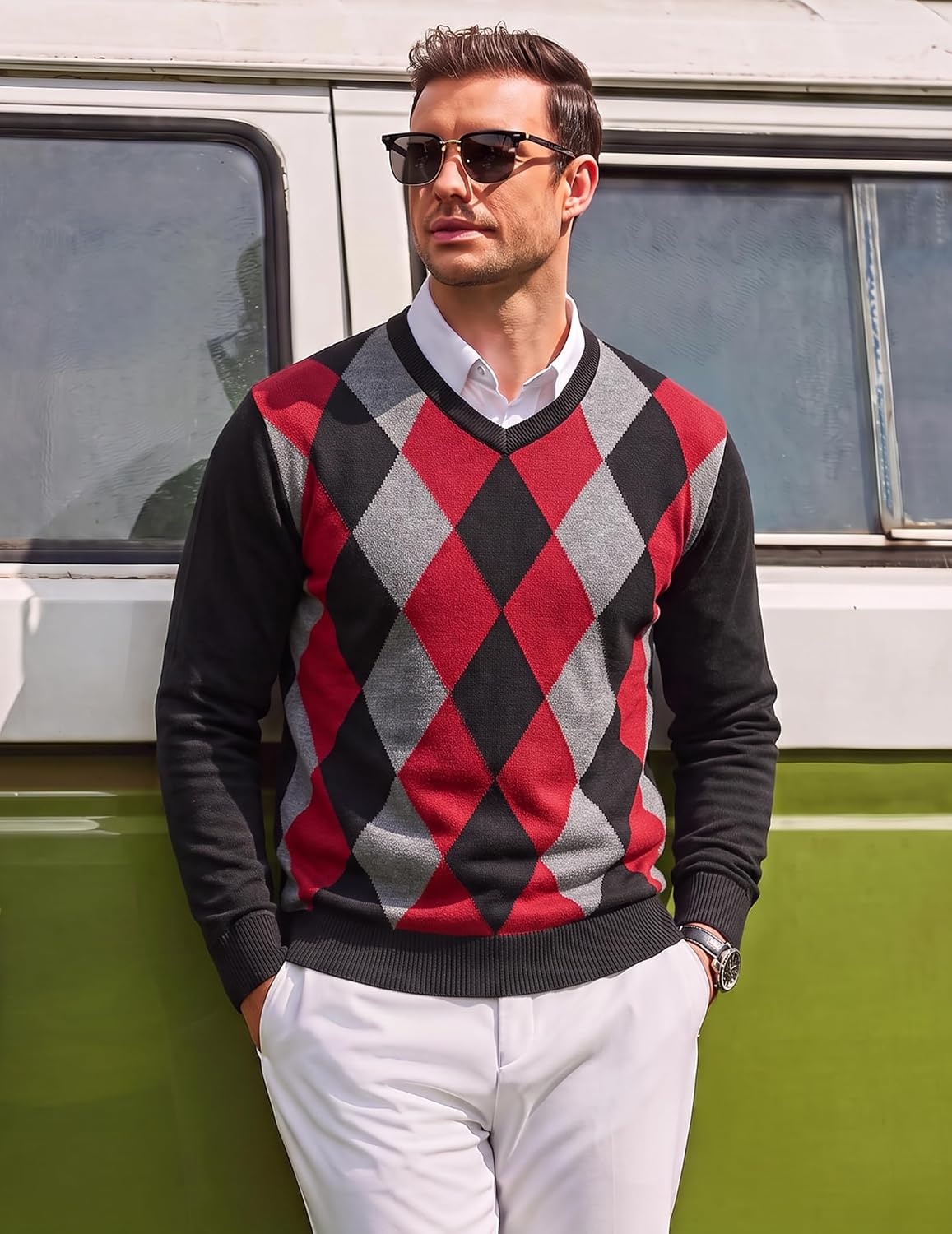 image:imageCOOFANDY Mens Casual V Neck Sweater Knit Slim Fit Long Sleeve Pullover TopBlackred