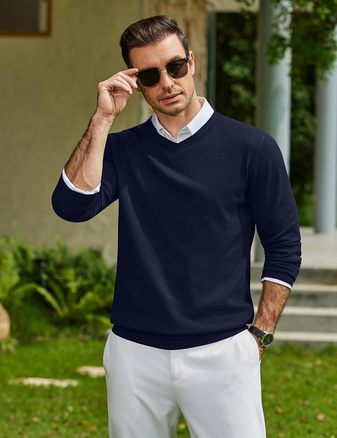 image:imageCOOFANDY Mens Casual V Neck Sweater Knit Slim Fit Long Sleeve Pullover TopBlue