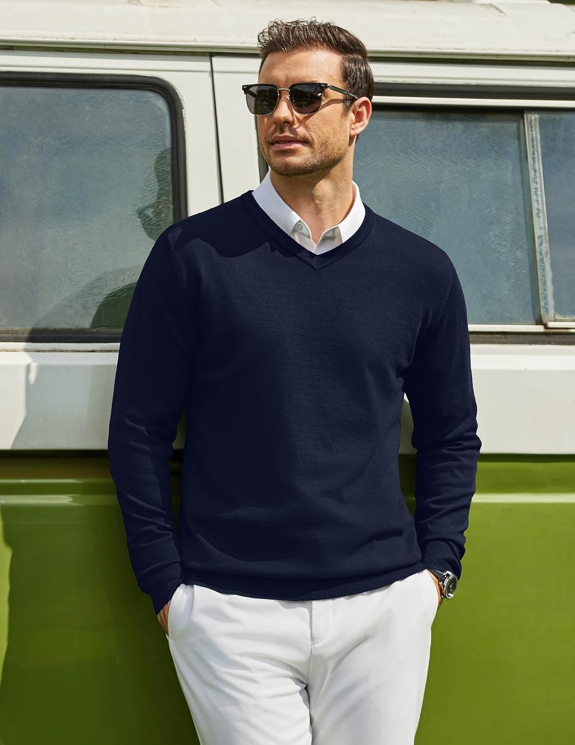 image:imageCOOFANDY Mens Casual V Neck Sweater Knit Slim Fit Long Sleeve Pullover TopBlue