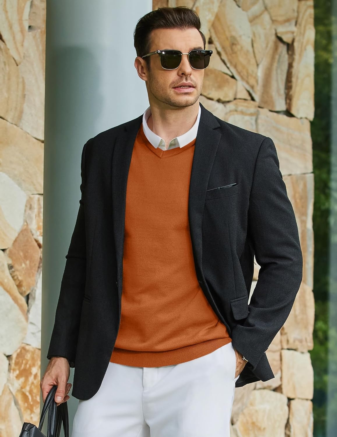 image:imageCOOFANDY Mens Casual V Neck Sweater Knit Slim Fit Long Sleeve Pullover TopBrown