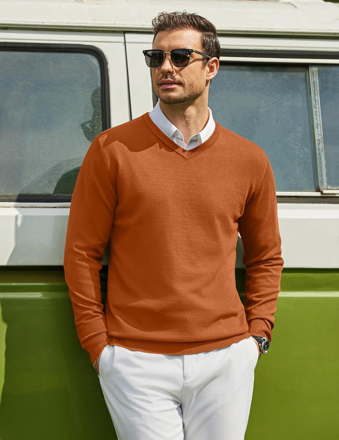 image:imageCOOFANDY Mens Casual V Neck Sweater Knit Slim Fit Long Sleeve Pullover TopBrown