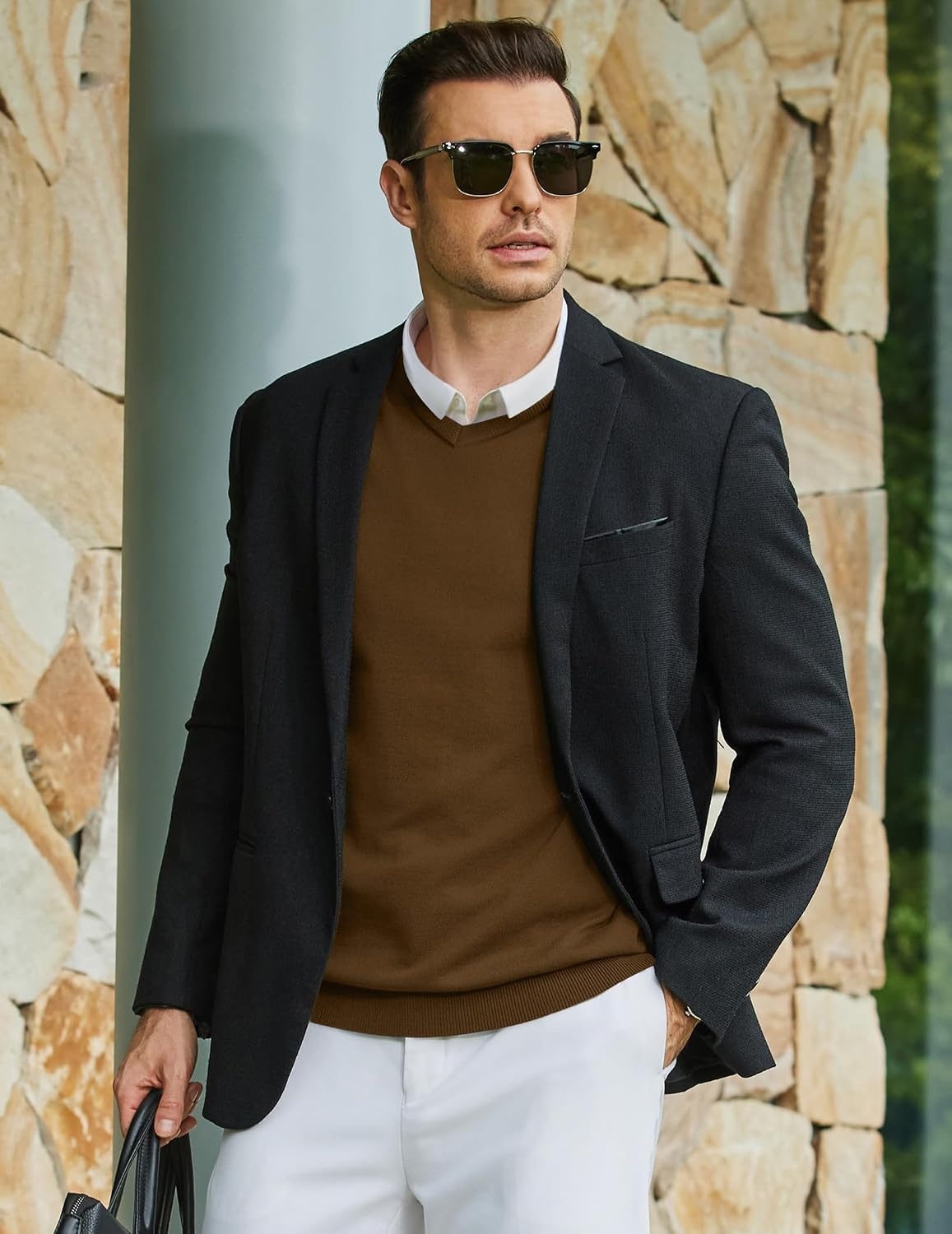 image:imageCOOFANDY Mens Casual V Neck Sweater Knit Slim Fit Long Sleeve Pullover TopDark Brown