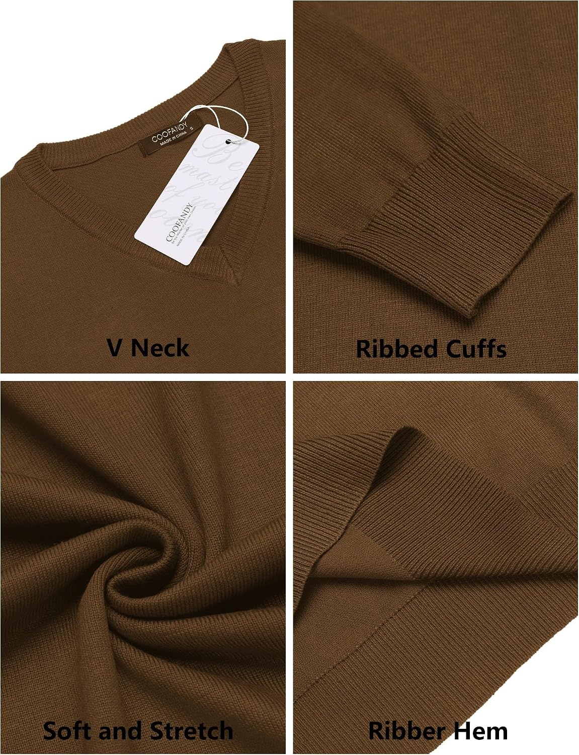 image:imageCOOFANDY Mens Casual V Neck Sweater Knit Slim Fit Long Sleeve Pullover TopDark Brown