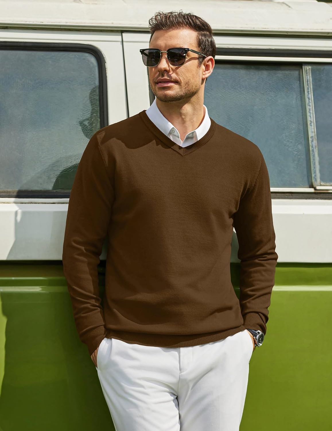image:imageCOOFANDY Mens Casual V Neck Sweater Knit Slim Fit Long Sleeve Pullover TopDark Brown