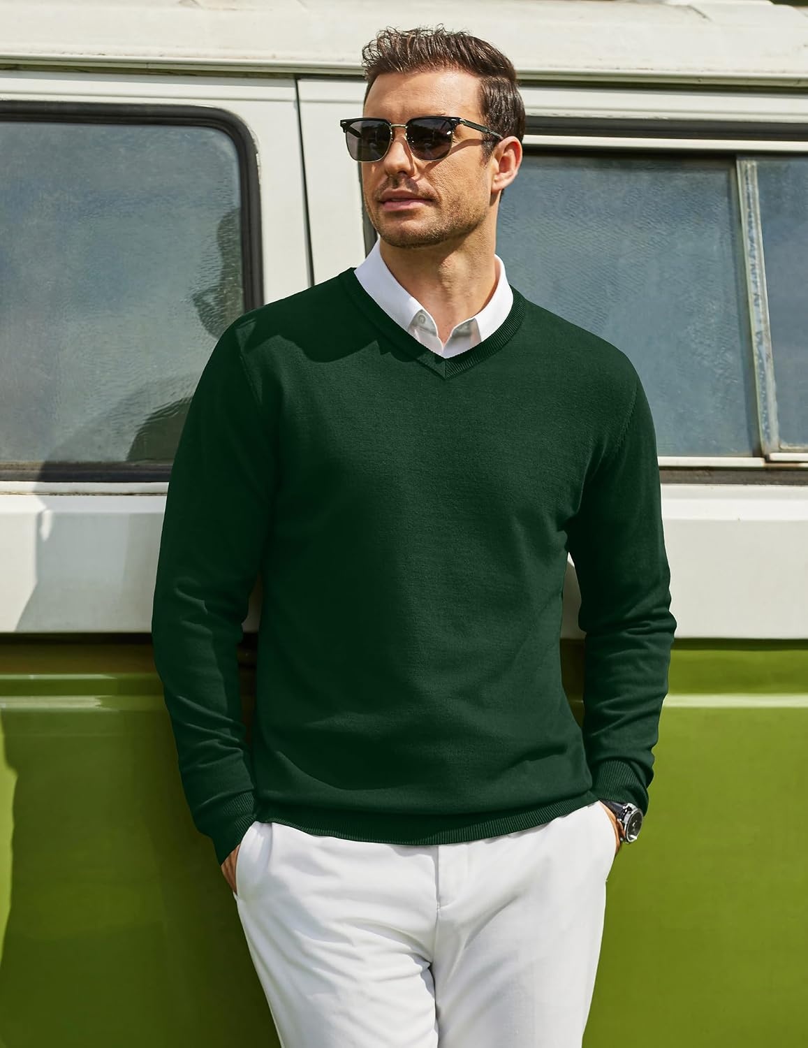image:imageCOOFANDY Mens Casual V Neck Sweater Knit Slim Fit Long Sleeve Pullover TopGreen