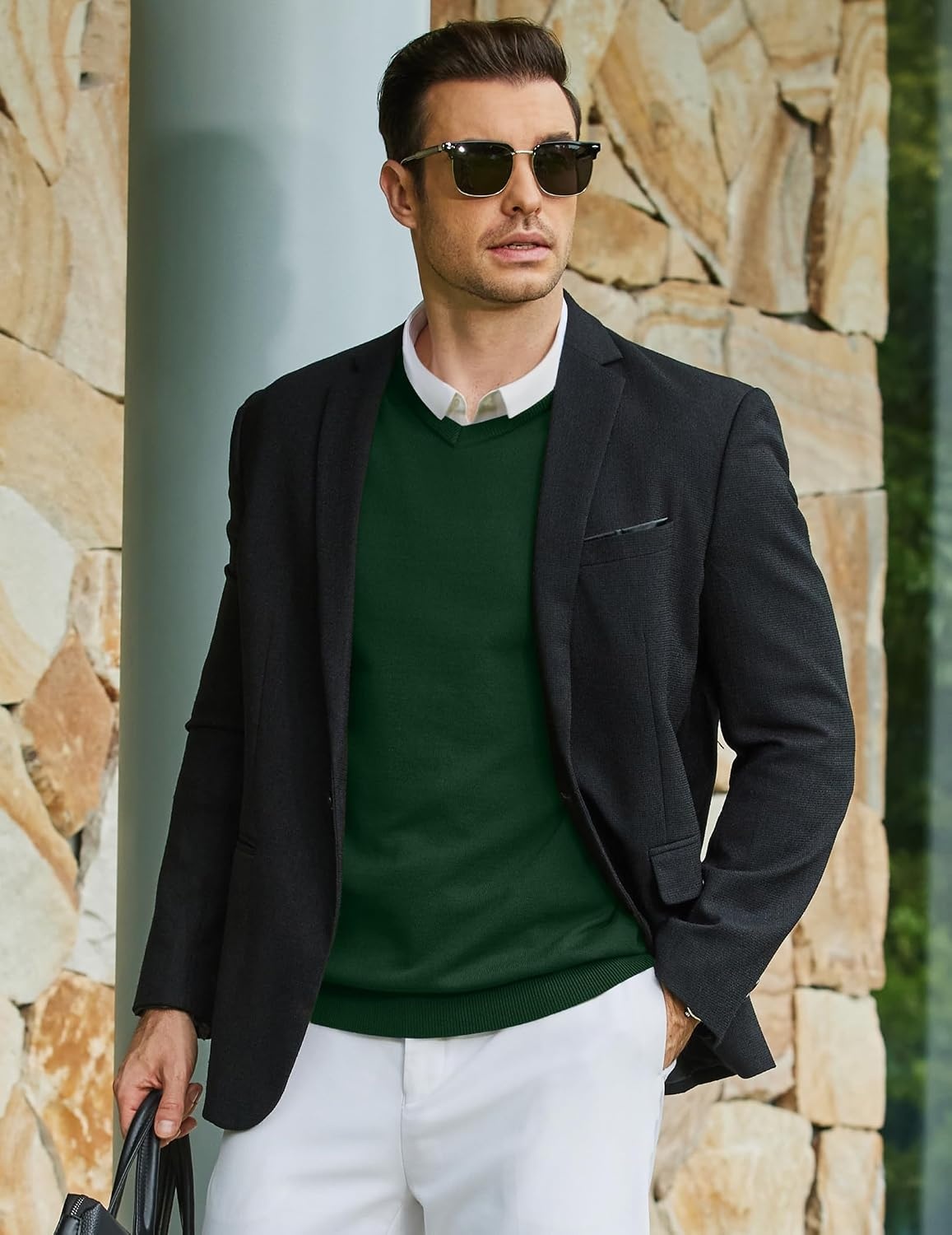 image:imageCOOFANDY Mens Casual V Neck Sweater Knit Slim Fit Long Sleeve Pullover TopGreen