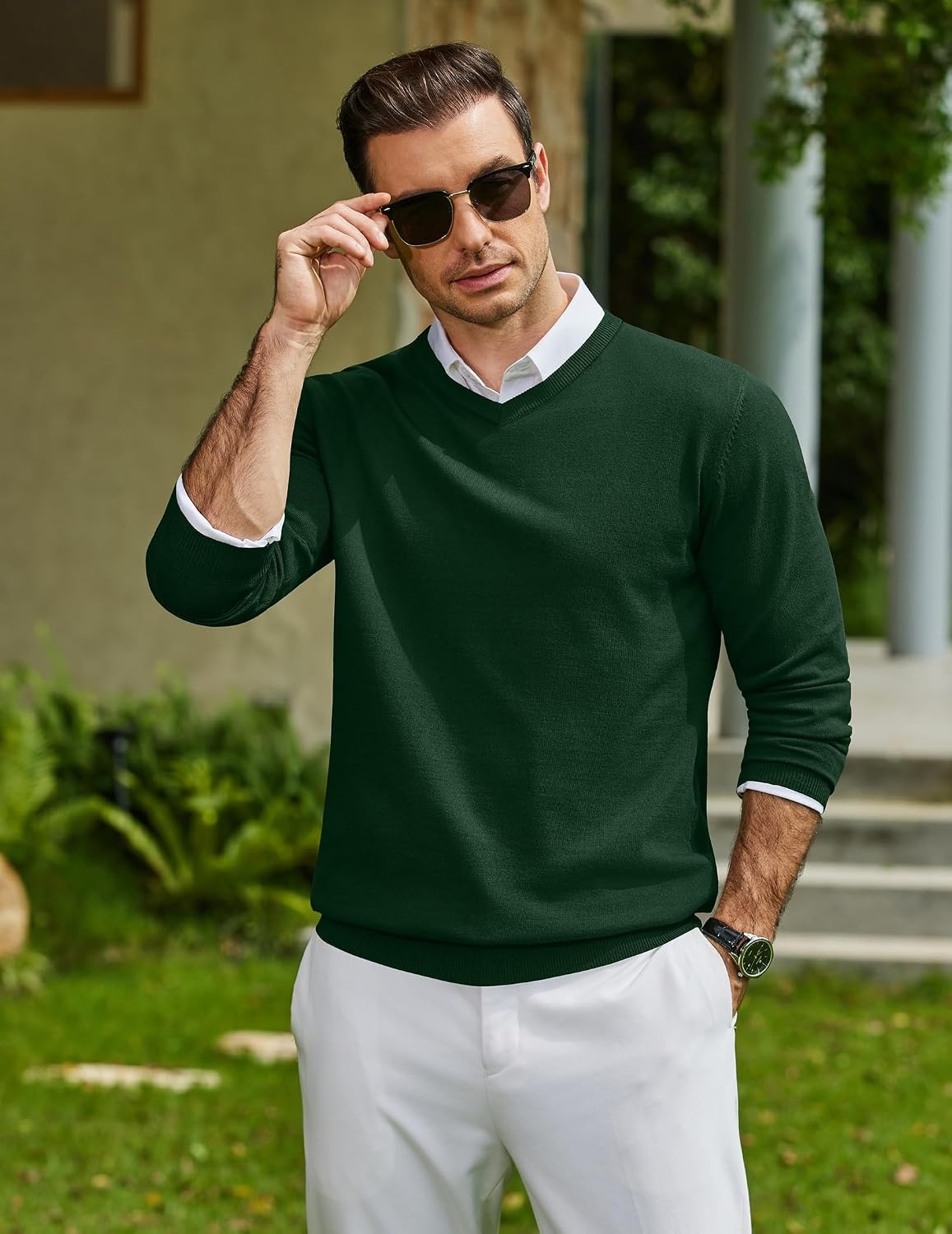image:imageCOOFANDY Mens Casual V Neck Sweater Knit Slim Fit Long Sleeve Pullover TopGreen