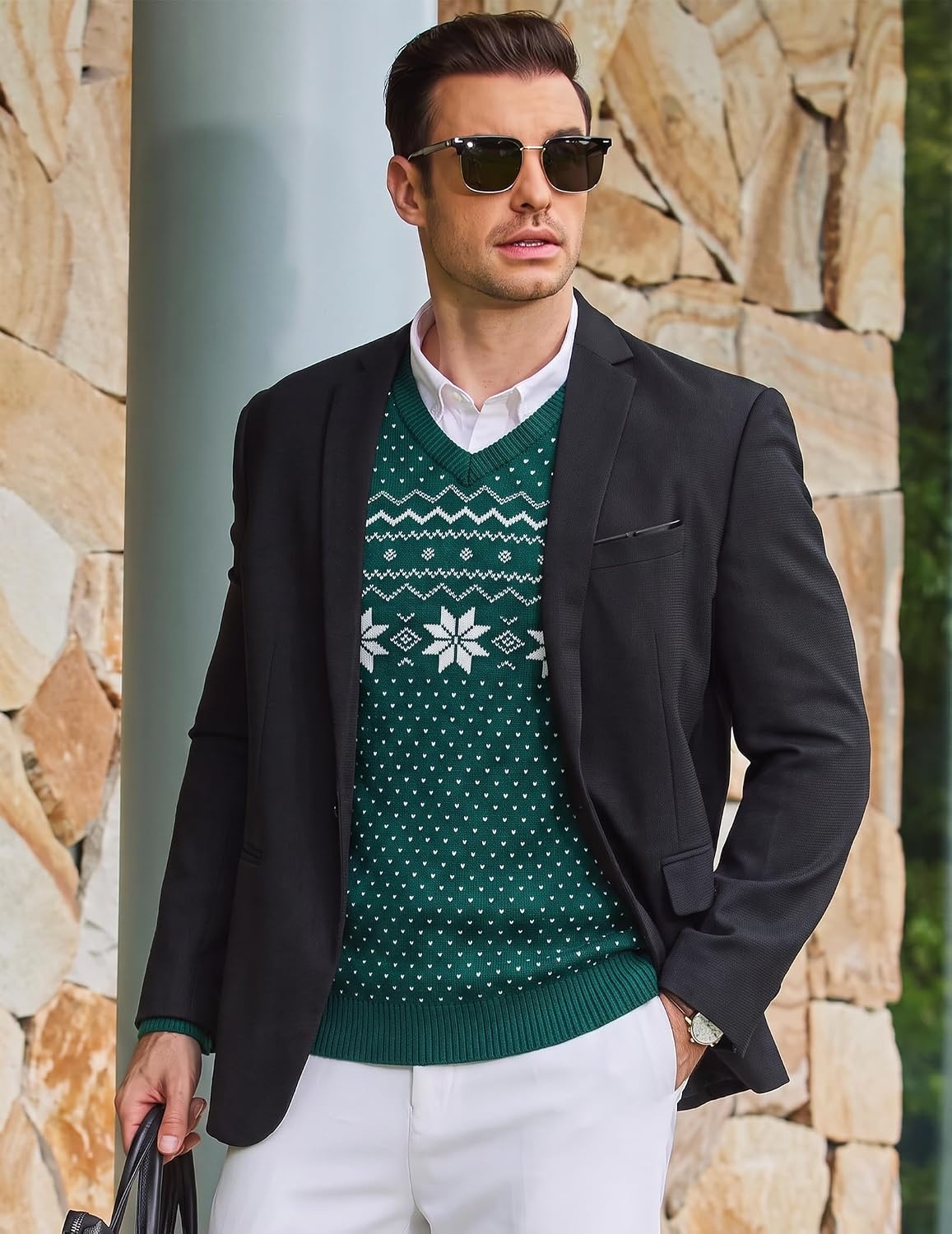 image:imageCOOFANDY Mens Casual V Neck Sweater Knit Slim Fit Long Sleeve Pullover TopGreenwhite