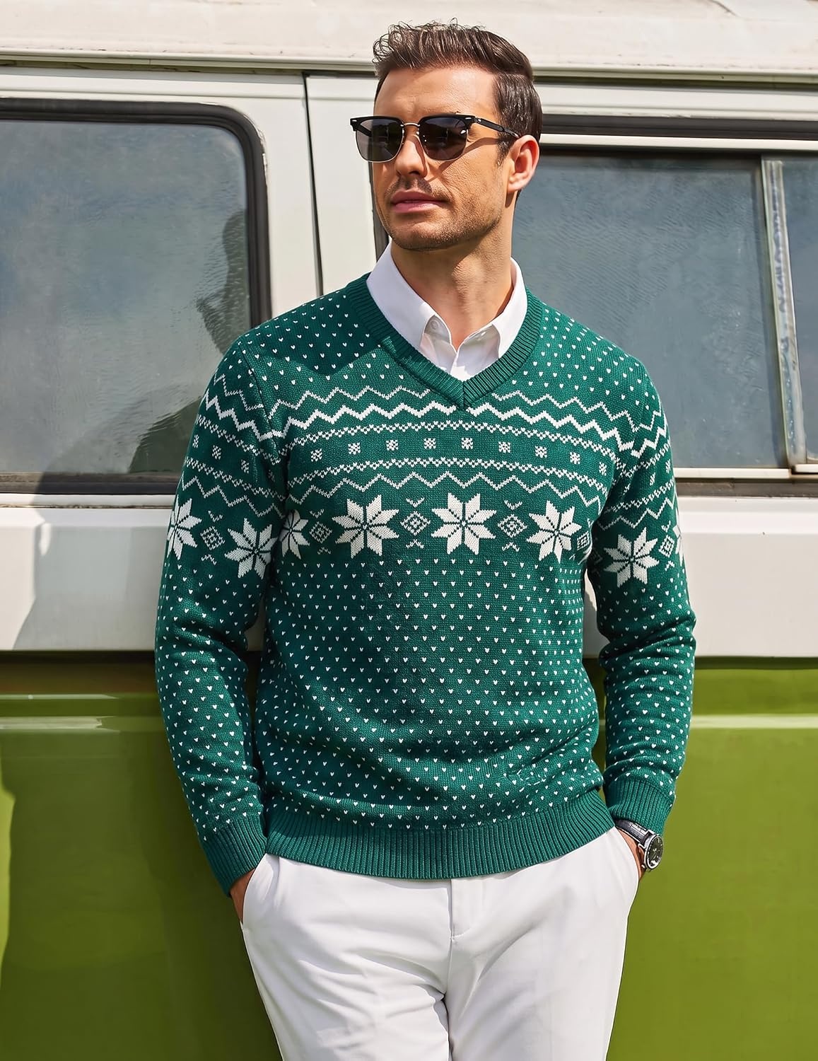 image:imageCOOFANDY Mens Casual V Neck Sweater Knit Slim Fit Long Sleeve Pullover TopGreenwhite