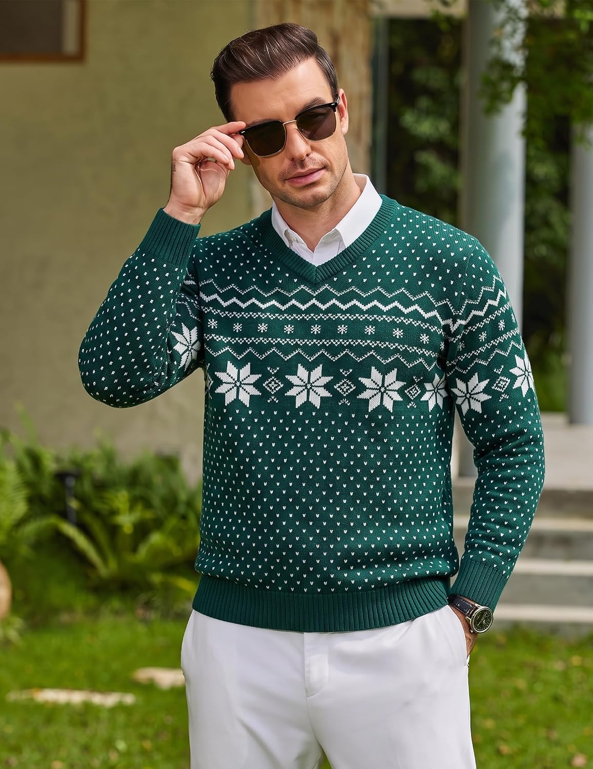 image:imageCOOFANDY Mens Casual V Neck Sweater Knit Slim Fit Long Sleeve Pullover TopGreenwhite